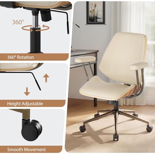 Modern Mid Back Office Chair, Adjustable Swivel Desk Chair with Arms, Beige | Faux leather seat, wood accent detail, mid-back with padded armrests, adjustable swivel, for home office, bedroom & study - color: Beige, size: 1-Piece Back / No Headrest