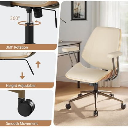 Modern Mid Back Office Chair, Adjustable Swivel Desk Chair with Arms, Beige | Faux leather seat, wood accent detail, mid-back with padded armrests, adjustable swivel, for home office, bedroom & study - color: Beige, size: 1-Piece Back / No Headrest