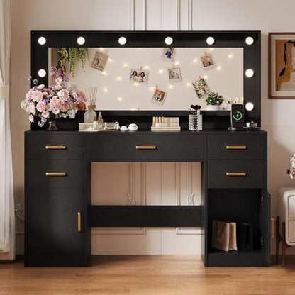 TOKSOM 44.8" Large Vanity Desk with Lighted Mirror & Power Outlet, Black Makeup Vanity Desk with Mirror and Lights, Black Vanity Table with 5 Drawers and 2 Cabinets, Dressing Table for Bedroom - size: 44.8 inch, style: Modern Black