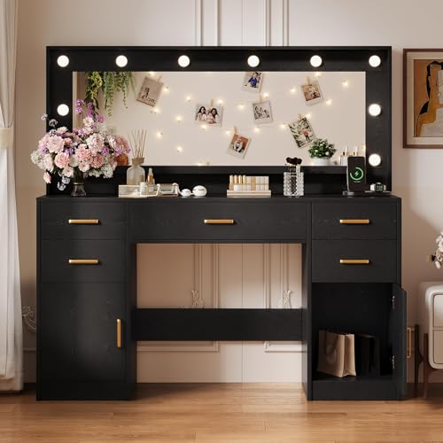 TOKSOM 44.8" Large Vanity Desk with Lighted Mirror & Power Outlet, Black Makeup Vanity Desk with Mirror and Lights, Black Vanity Table with 5 Drawers and 2 Cabinets, Dressing Table for Bedroom - size: 44.8 inch, style: Modern Black
