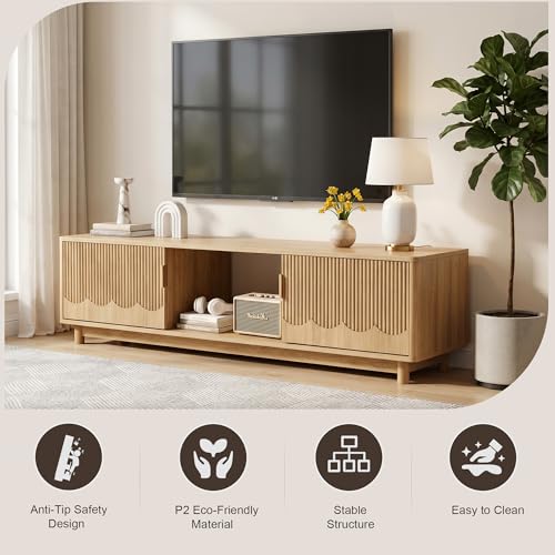 FurSch 62.2" Mid Century Modern Fluted TV Stand, Natural | Low Profile, 3D Slatted & Waved Design Panel, For Living Room Bedroom - color: Natural
