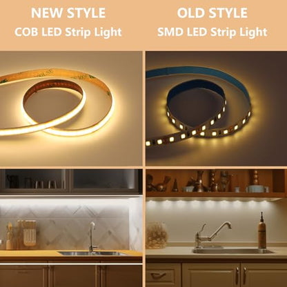 BENLUN 12V COB LED Under Cabinet Strip Lighting Cuttable 32.8ft for Kitchen | 3000K Warm White LED Strip Lights Dimmable Adhesive 8W/M CRI 93 with Dimmer and Power Supply for Bookcase Shelf Display - color: Warm White 3000K