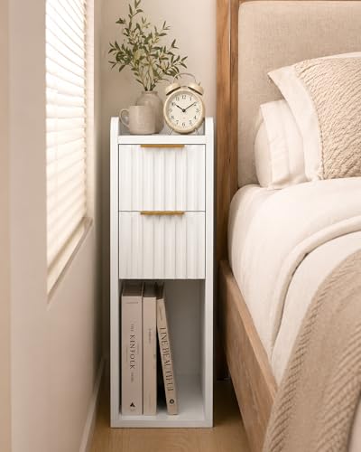 Narrow Nightstand Set of 2, 7.9" Wood Nightstands w/Fluted 2 Drawer, Slim Bed Side End Table Small Spaces Modern Skinny Wooden Night Stand for Bedroom, Living Room, White