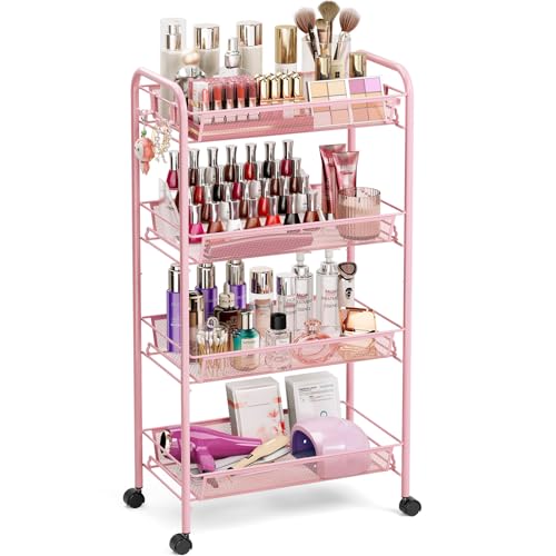 TOOLF 4 Tier Rolling Cart, Metal Utility Storage Cart with Wheels, Pink | 3 Hooks, Screwless Assembly, Trolley Organizer for Bathroom, Kitchen, Office, Nursery, Dorm, Laundry Room - color: Pink, size: 4-Tier