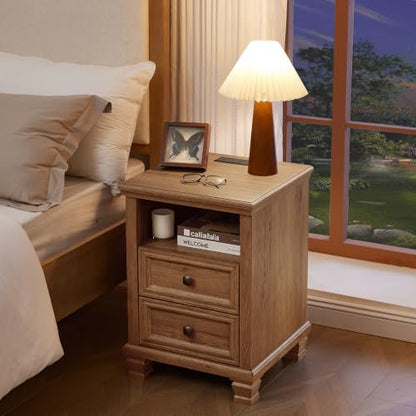 Farmhouse Nightstand with Charging Station, Brown | End Tables Bedroom with 2 Drawers, Traditional Night Stand with Open Shelf & Thickened Top & Square Wooden Legs - color: Brown, size: 18"D x 18"W x 25"H (2 Drawers)