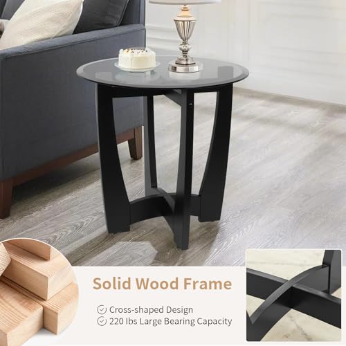 Glass End Table, 23.5" Round Side Tables with Black Tempered Glass Top Cross and Solid Wood Base Small Night Stand for Living Room Office Apartment Black - color: D-3, size: Round