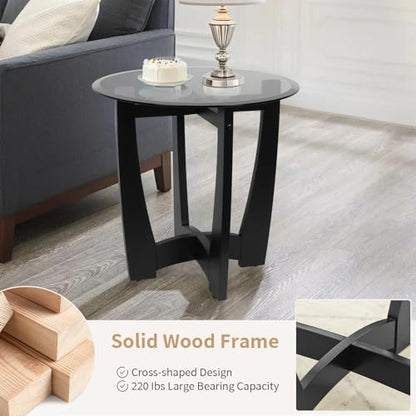 Glass End Table, 23.5" Round Side Tables with Black Tempered Glass Top Cross and Solid Wood Base Small Night Stand for Living Room Office Apartment Black - color: D-3, size: Round