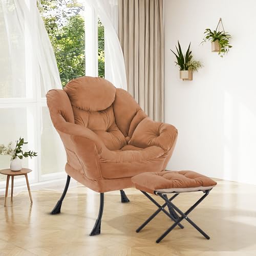 Lazy Chair with Ottoman Comfy Accent Lounge Chair with Side Pocket Cozy Chair Modern Reading Armchair with Footrest for Small Spaces Living Room Dorm Bedroom Burntorange - color: Burntorange