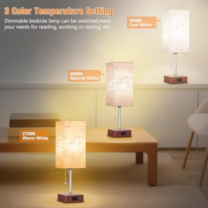 PLMMY Bedside Table Lamp for Bedroom Nightstand, 3 Color Pull Chain Nightstand Lamps Set of 2 with AC Outlets, Square Gray Lampshade Bedside Lamp for Living Room, Office Desk, LED Bulb Included - color: Gray Shade-Brown Base