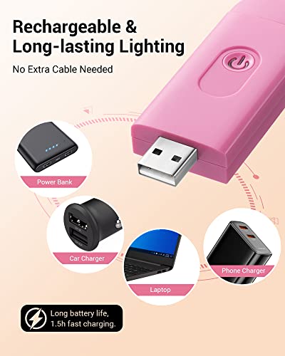 DEWENWILS USB Rechargeable Book Reading Light, Warm White, Brightness Adjustable, LED Clip on Book Lights for Reading in Bed, Car Reading Light for Kids, Bookworms (Pink) | 2 Brightness Levels, Flexible Lighting Angle, Compact & Lightweight, Ideal for Rea