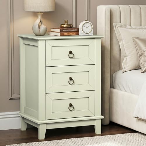 RoyalCraft Painted Nightstand with 3 Drawers, Tall Bedside Table with Vintage Brass Ring Pulls, Farmhouse Wood End Table for Bedroom, Living Room, Light Green - size: 1 Piece