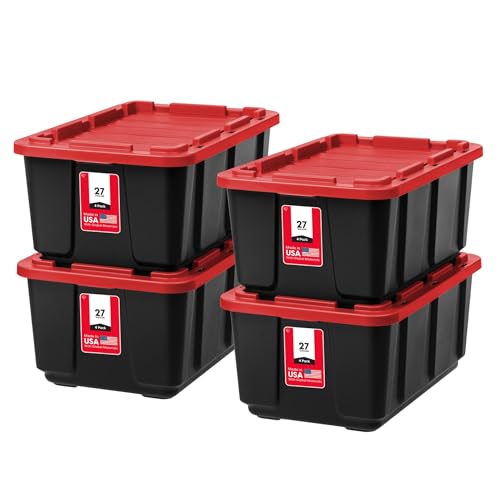IRIS USA 4-Pack 27 Gal Heavy Duty Storage Tote Bins with Lids, Red | Large-capacity design stores seasonal gear, moving supplies and equipment, Stackable shape supports efficient organization - color: Red, size: 4 - Pack