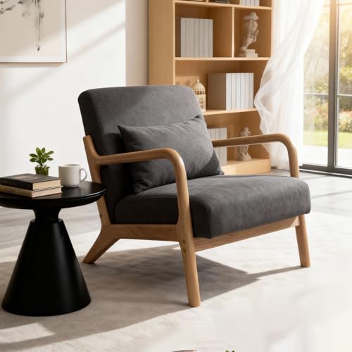 Mid Century Modern Accent Chair with Wood Frame and Linen Fabric Upholstery, Comfortable Lounge Armchair with Pillow, Wooden Accent Chair for Living Room, Bedroom, or Reading Corner - color: Charcoal Grey (Linen + Natural Wood), size: 1-Piece