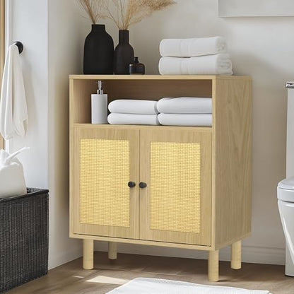 Boho Accent Cabinet with Rattan Doors, Small Sideboard Buffet, Oak | Small Sideboard Buffet Cabinet for Entryway, Living Room, Kitchen Coffee Bar - color: Oak