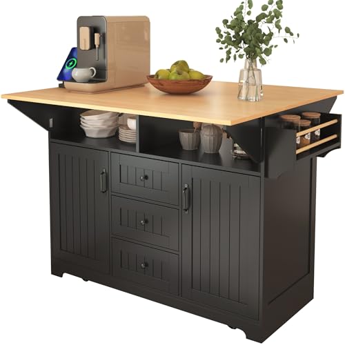 55.7'' Large Kitchen Island with 2 Drop Leaf, Rolling Kitchen Cart on 5 Wheels with Power Outlet, Folding Dining Table with Spice & Towel Rack, 3 Drawers, for Kitchen, Dining Room,Black - color: Black 2 Drop Leaves, size: 55.7"