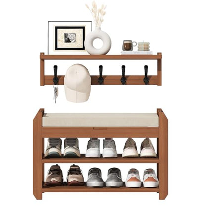 27.6" Bamboo Shoe Bench with Cushion, 5 Hooks Coat Rack, 2-Tier Storage Bench for Entryway, Heavy Duty Shoe Rack Organizer with Removable Soft Cushion for Living Room Bedroom Hallway - size: 27.6" 2-Tier