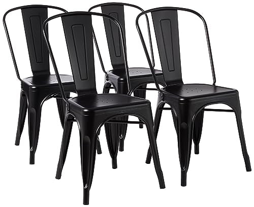 Amazon Basics Metal Dining Chairs, Easy to Assemble, Indoor/Outdoor, Stackable, Matte Black, 4-Pack - color: Matte Black