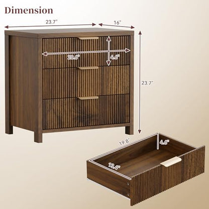 Fluted Nightstand, 23.7'' Wide Night Stand with 3 Drawers, Mid-Century Modern Bedside Table with Handles, Wood End Table for Bedroom, Walnut - color: Walnut