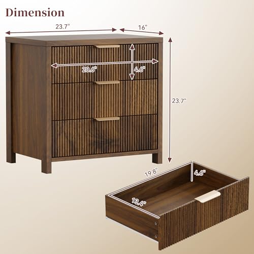 Fluted Nightstand, 23.7'' Wide Night Stand with 3 Drawers, Mid-Century Modern Bedside Table with Handles, Wood End Table for Bedroom, Walnut - color: Walnut