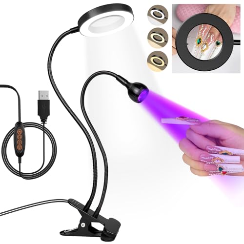 AORAEM LED UV Nail Lamp with Double-Head and 6X Magnifier, Black | Gooseneck Lamp for Gel Nails, Flash Cure Lamp for Home DIY Salon - color: Magnifier-Black