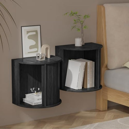 Floating Nightstand Set of 2 with Sliding Roller Shutter Doors,Black-06 | Set of 2 Floating Nightstands,Smooth Sliding Roller Shutters Hide Clutter.Curved Rounded Edges,Space-saving. - color: Floating Nightstand-black