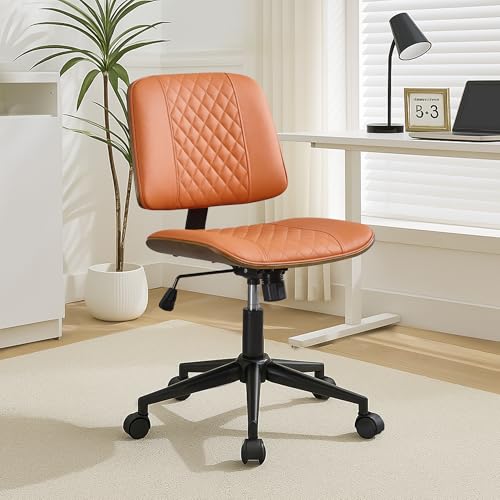 VipDesk Armless Orange Home Office Chair – Mid-Back PU Leather, Adjustable Height Desk Chair with Swivel Wheels, Walnut Frame for Small Space Study or Bedroom - color: Orange, size: MCM Style