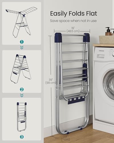 SONGMICS Clothes Drying Rack, Foldable Laundry Drying Rack, Blue | Sock Clips, Metal Clothes Airer with Height-Adjustable Gullwings, Space-Saving, Indoor Outdoor, ULLR505EQ01 - color: Blue, size: 51.2"W x 39"/44.9"H