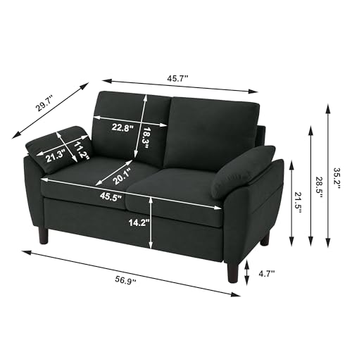 Small Loveseat Sofa, 57" Mid Century Modern Love Seat, 2 Seater Couches for Living Room, Bedroom, Small Spaces, Black - color: Black