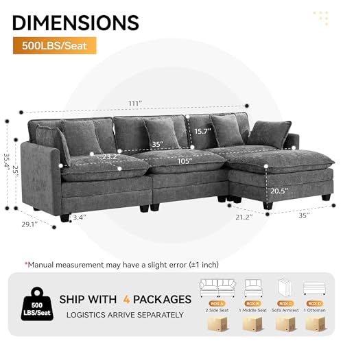 111'' Sectional Cloud Deep Seat Couch, Modern Comfy Chenille L Shaped Sectional Sofa for Living Room Set, Upholstered Modular 4-Seats Sofa Couch with 1 Movable Ottoman, Grey - color: Grey, size: 111'' L Shape