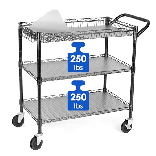 Heavy Duty 3 Tier Utility Cart,Wire Rolling Cart with Wheels, Commercial Grade Service Cart with Shelving Liners and Handle Bar Metal Carts for Kitchen Office Hardware - color: 750lbs Capacity Black