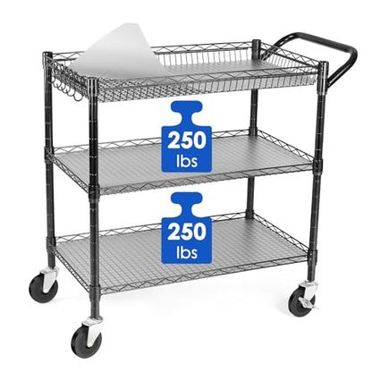Heavy Duty 3 Tier Utility Cart,Wire Rolling Cart with Wheels, Commercial Grade Service Cart with Shelving Liners and Handle Bar Metal Carts for Kitchen Office Hardware - color: 750lbs Capacity Black