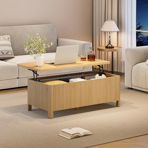 Fluted Lift Top Coffee Table with Storage, Mid Century Modern Coffee Table with Hidden Compartment, Rising Top Wood Center Table for Living Room, Home Office, Rounded Edges (Natural Oak) - color: Natural Oak