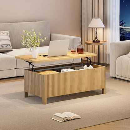 Fluted Lift Top Coffee Table with Storage, Mid Century Modern Coffee Table with Hidden Compartment, Rising Top Wood Center Table for Living Room, Home Office, Rounded Edges (Natural Oak) - color: Natural Oak