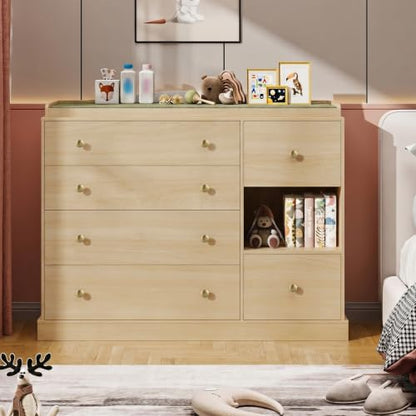 Kids Dresser Cabinet with 6 Drawers, Changing Table for Nursery with Shelf, Multi-Functional Chest of Drawers, Kids Bedroom Furniture, Nightstand for Children's Room, Natural - color: Natural