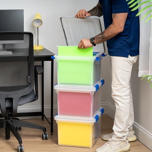 IRIS USA WeatherPro File Box Organizer, Letter/Legal, 32 Qt. 3-Pack, Clear | Store letter and legal documents safely with weather-resistant protection and space-saving stackable storage - style: WeatherPro (Blue) - 3 Pack