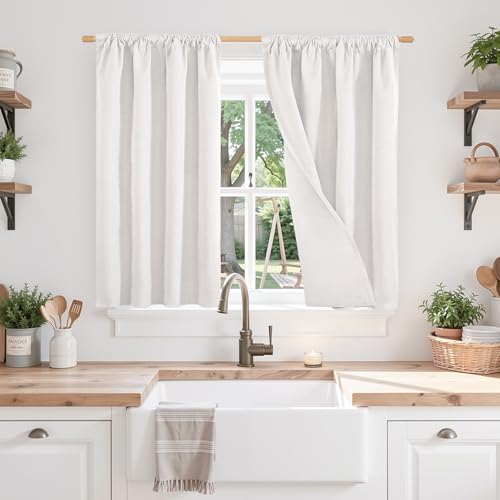 BGment Greyish White Linen Blackout Curtains 40 Inch Length, Short Room Darkening Drapes with Rod Pocket for Kitchen Bedroom Window Privacy, 2 Panels Set, Each 30 Inch Wide - color: Greyish White, size: 30"W x 40"L (Pack of 2)