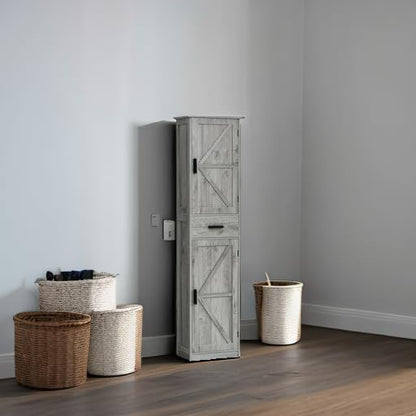 TEENFON Tall Bathroom Cabinet, Storage Cabinet with 6 Shelves & Drawer, Bathroom Storage Cabinet with Adjustable Shelves, Tall Cabinet for Living Room, Home Office, Grey - color: Grey
