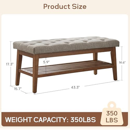 HUIMO Upholstered Entryway Shoe Bench, Button Tufted End of Bed Bench,Brown | with Solid Wood Slatted Shelf, Padded Ottoman Bench for Bedroom, Living Room, Entryway - color: Brown, style: French Country