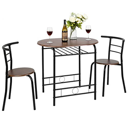 VINGLI 3 Piece Dining Set,Small Kitchen Table Set for 2,Breakfast Table Set for 2,Kitchen Wooden Table and 2 Chairs for Small Space/Dining Room/Apartment,Metal Frame,Wine Rack,Black&Walnut - color: Walnut