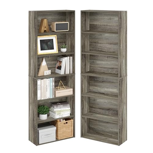 Furinno Jaya Book Shelf Set of 2, 6-Tier Bookshelf, Bookcase, 9.5 x 24.6 x 71, for Home Office, Living Room, French Oak - color: French Oak, size: Set of 2, 6-Tier