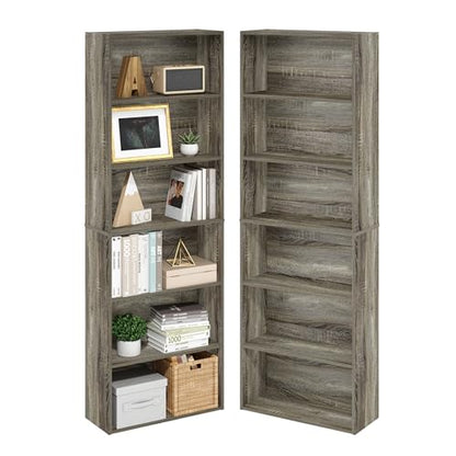 Furinno Jaya Book Shelf Set of 2, 6-Tier Bookshelf, Bookcase, 9.5 x 24.6 x 71, for Home Office, Living Room, French Oak - color: French Oak, size: Set of 2, 6-Tier