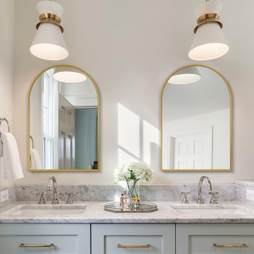Gold Arched Mirror 20x30in, Metal Framed Bathroom Vanity Wall | Tempered Glass, Shatter Proof, Living Room Bedroom Entryway, Modern Elegant Design - color: Gold, size: 30"L x 20"W, style: Arched