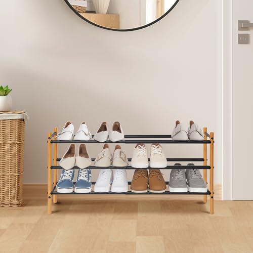 Storage MANIAC Expandable Shoe Rack, 12 Pairs Stackable Small Shoe Rack, Metal Adjustable Shoes Organizer for Closet, Entryway, Hallway, Garage, Front Door, Shoes Shelves, Bamboo 3 Tier - size: 3 Tier