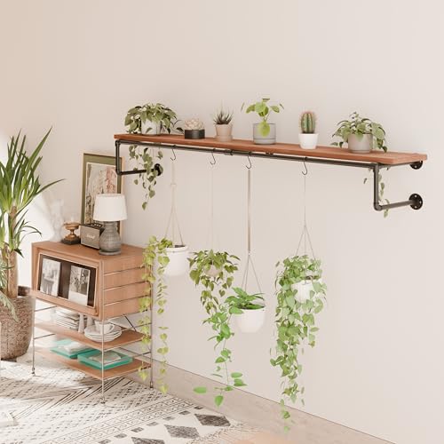 Clothes Rack 70in, Wall Mounted Garment Racks with Real Brown Wood Shelf, Heavy Duty Hanging Clothes Rack, Multi-Purpose Hanging Rod, Space-Saving Closet Storage - color: Brown, size: 1T70IN