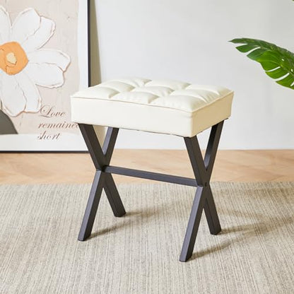 IBUYKE Square Makeup Stool with X-Leg, PU Vanity Chair, White LG-71W | Footrest Ottoman Seat Multi-Use Small Side Table Bedroom Living Room - color: White, size: 17.72"-Leather