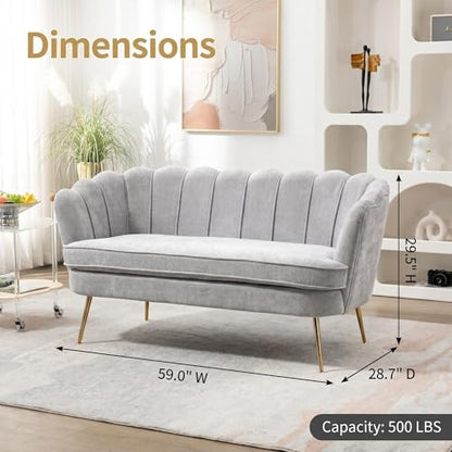 Modern Chenille Loveseat Couch, Futon Small Sofa with Gold Metal Legs | 2-Seater Upholstered Mini Sofa Couches for Small Space,Living Room Bedroom Office Dorm Studio Apartment Love Seat Couche - color: Grey