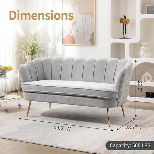 Modern Chenille Loveseat Couch, Futon Small Sofa with Gold Metal Legs | 2-Seater Upholstered Mini Sofa Couches for Small Space,Living Room Bedroom Office Dorm Studio Apartment Love Seat Couche - color: Grey