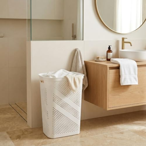 24 Inch Plastic Laundry Hamper with Lid, Slim Ventilated Clothes Basket and Large Dirty Cloth Towel Storage Bin for Laundry Rooms, Bathrooms and College Dorms, White