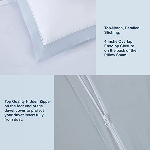 THE COTTON & SILK® Long-Staple Cotton Duvet Cover Set - King Size | White + Misty Blue | 1 Duvet Cover & 2 Pillow Shams | Soft, Breathable, Comfortable, Luxury | Sateen Weave | Genuine 300 TC - color: White + Misty Blue, size: King Set (105“ x 93", 20"x36