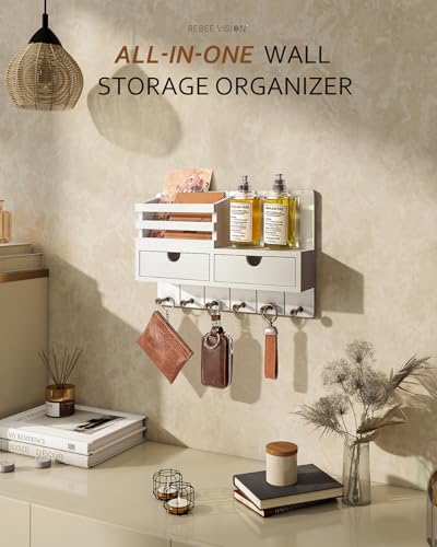 Rebee Vision Key Holder Wall Mount with 2 Drawers for Aesthetic Room, White | Mail Holder, Drawer Organizer, 6 Key Hooks, Home Organization, Mail Sorter, Home Decor, Everyday Storage Organization - color: White